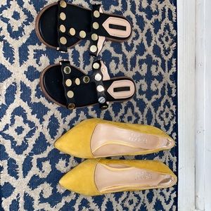 Yellow block heels and black flats